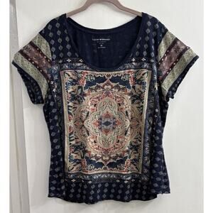 Lucky Brand Top Tee Shirt Persian Carpet Navy‎ 2X plus Short Sleeves Modal Blend